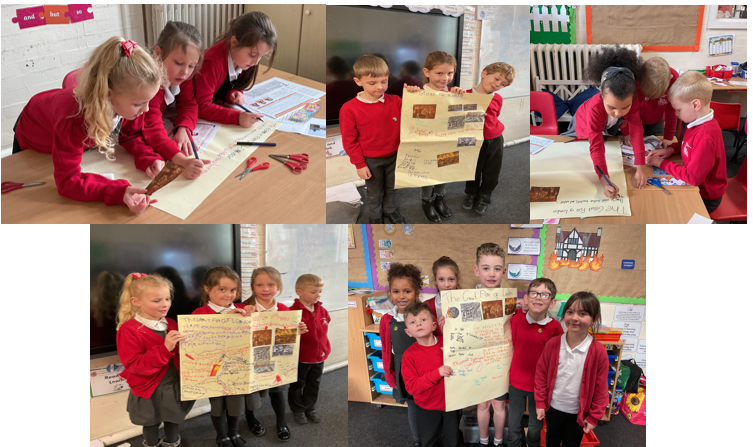 Pupils stood together with great fire of London information posters