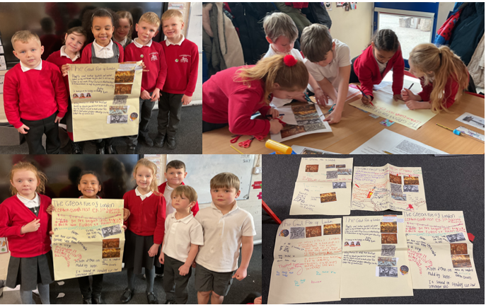 Pupils stood together with great fire of London information posters