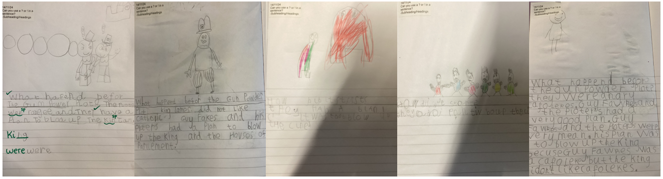 Drawings and writing about the gunpower plot done by pupils 