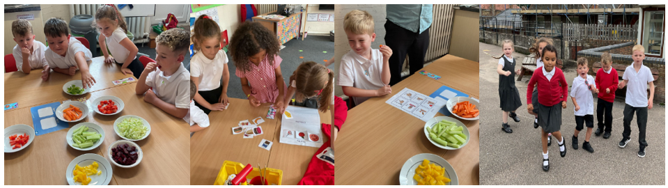 Pictures of pupils doing tasks for the healthy living topic 