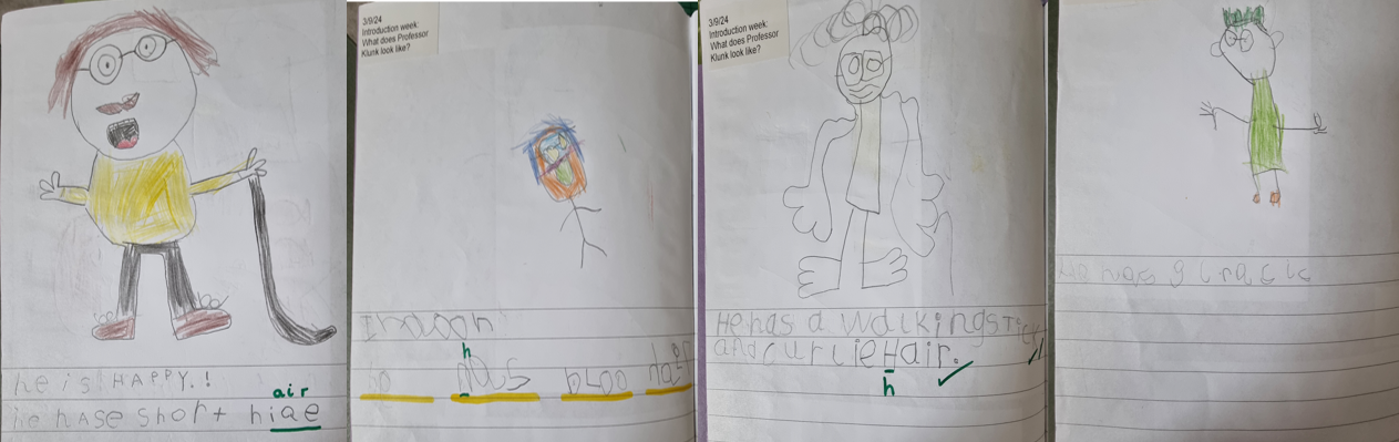 Drawings with writing done by pupils of Professor Klunk 