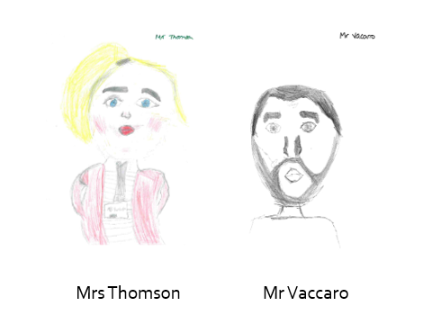 Pictures of Teachers done by Pupils - Mrs Thomson and Mr Vaccaro 