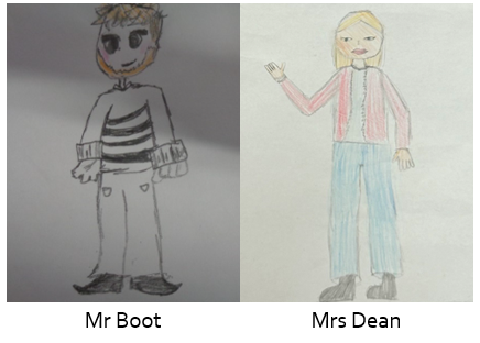Mr Boot and Mrs Dean as drawn by pupils