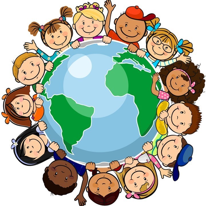 A cartoon of children all surrounding the world 